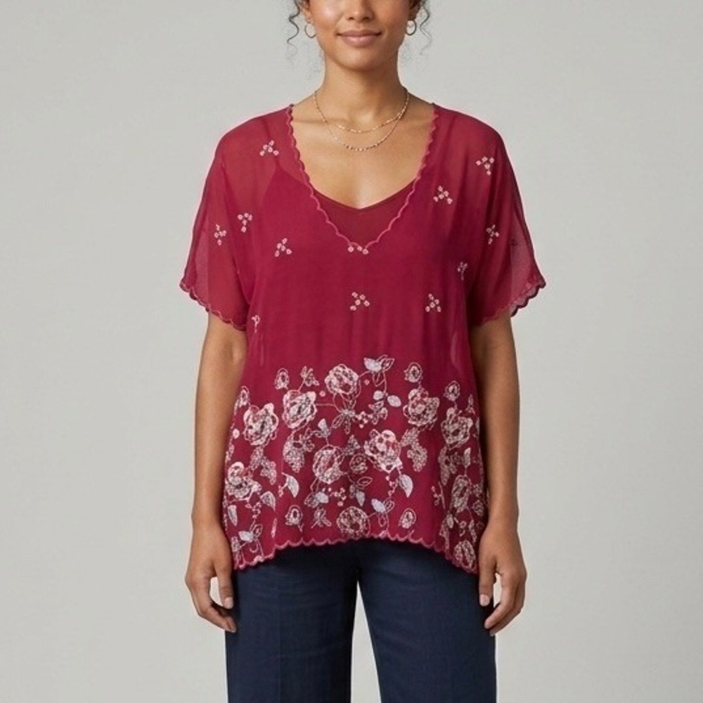 Johnny Was Magenta Cupra Rayon Floral Embroidered Scalloped V-Neck Blouse Small